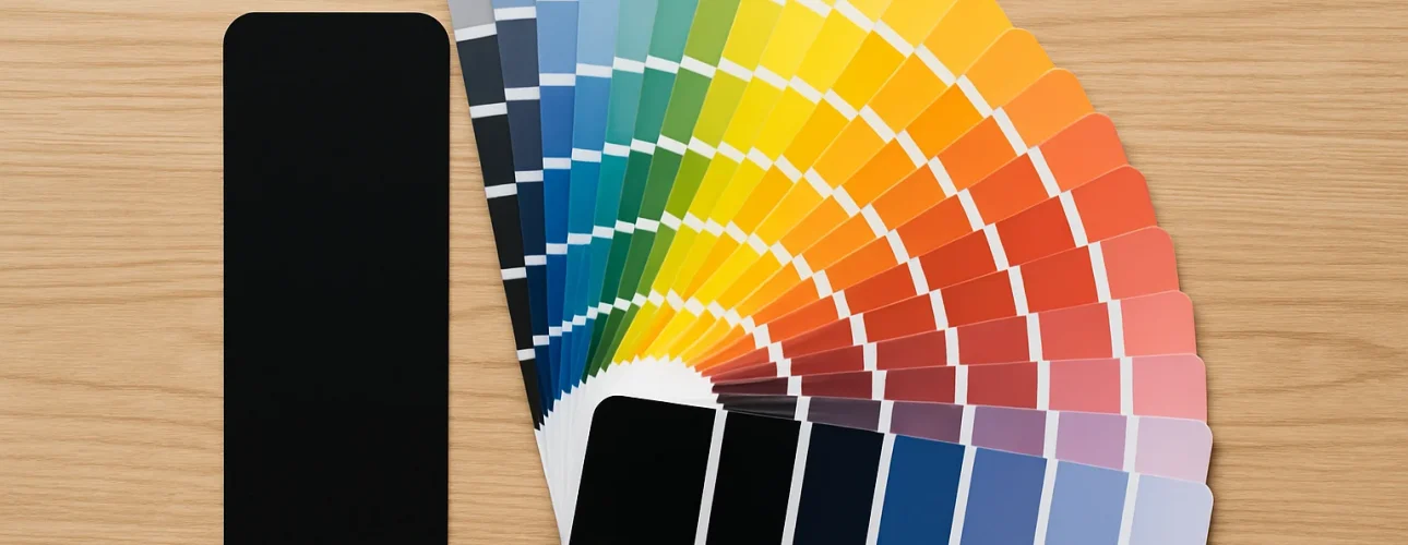 Op een houten oppervlak ligt een waaier met een breed scala aan kleuren, van donkere tot heldere tinten. Een aparte effen zwarte staal is links geplaatst, perfect voor het beantwoorden van de vraag: welk kleurenpalet bevat zwart?.