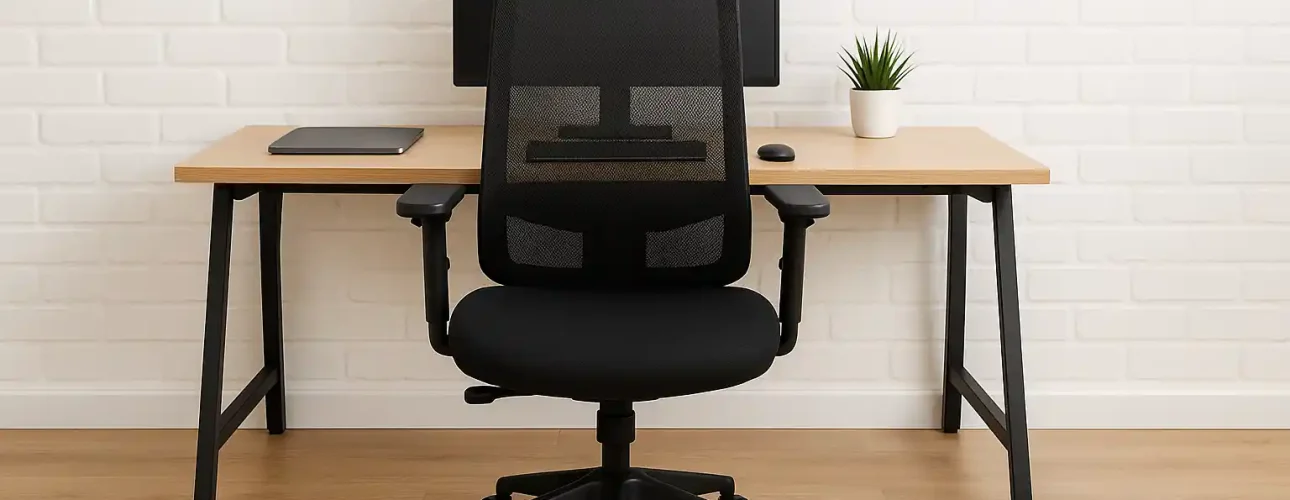 Een modern thuiskantoor met een zwart gazen bureaustoel is goed, tegenover een houten bureau. Op het bureau staan een monitor, een gesloten laptop, een muis en een kleine potplant, allemaal tegen een witte bakstenen muur.