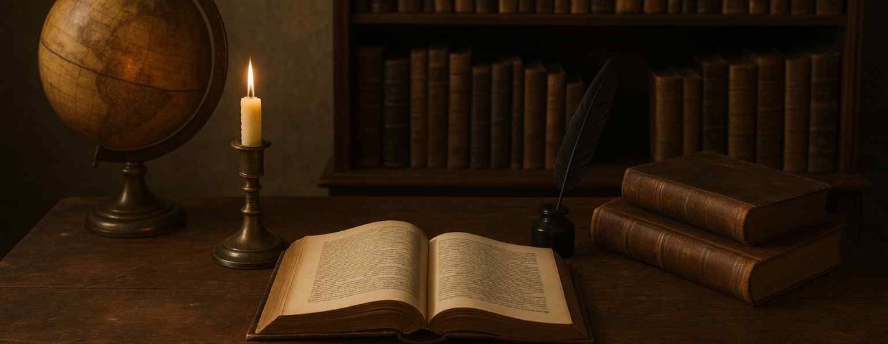 Houten bureau met oude boeken, een globe en een kaars in warme tinten. Zitbanken en design elementen in klassieke stijl.