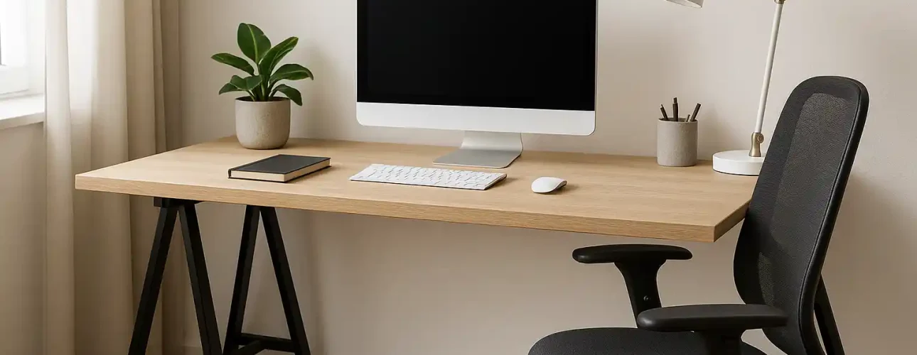 Een minimalistisch thuiskantoor met een houten bureau, computermonitor, lamp, plant en notitieblok. Een ergonomische stoel gebruikt u in uw thuiskantoor staat voor het bureau, naast een raam met witte gordijnen.