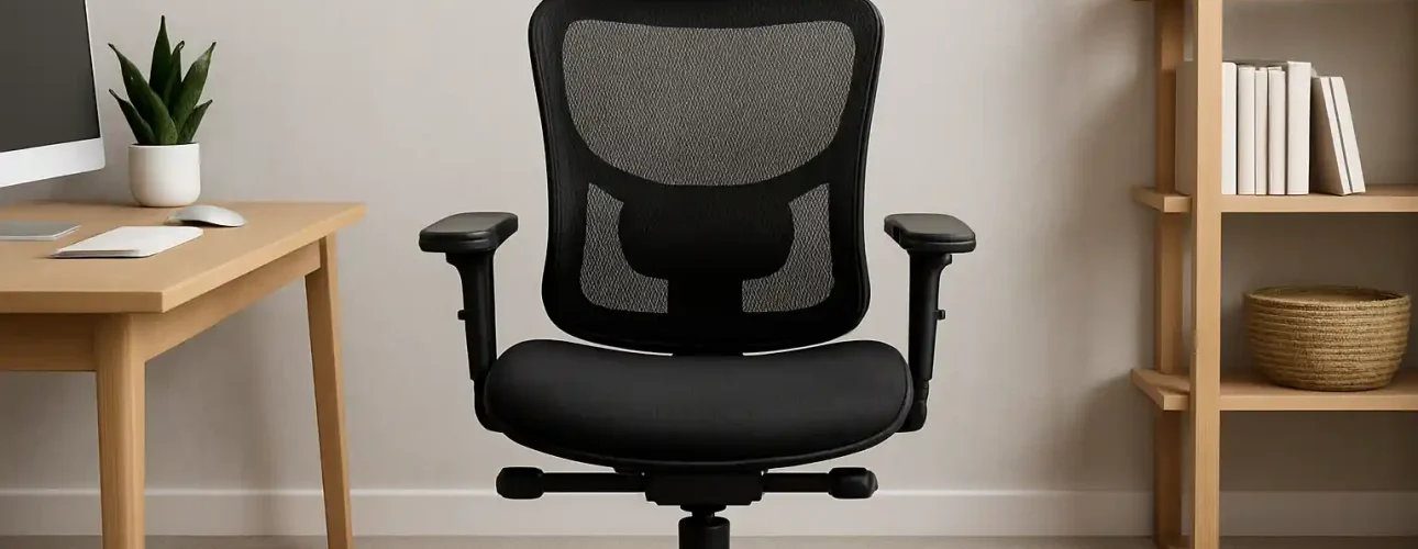 Een zwarte ergonomische bureaustoel met een netrugleuning, hoofdsteun en verstelbare armleuningen staat in een modern thuiskantoor - een voorbeeld van welk type stoel het beste is tegen rugpijn - met een houten bureau, een plant en planken met boeken en manden.