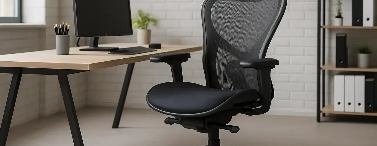 Een moderne zwarte ergonomische bureaustoel, beste voor kantoorwerk, staat naast een houten bureau met een computermonitor, toetsenbord en pennenhouder in een licht kantoor aan huis met witte bakstenen muren en planken.