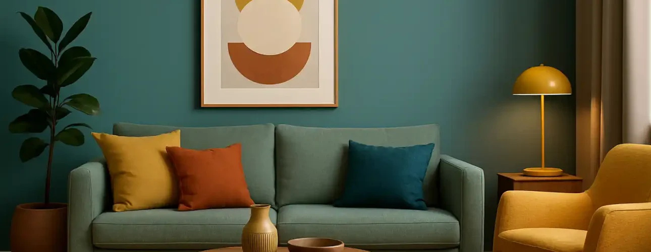 Een moderne woonkamer met een groenblauwe bank, kleurrijke kussens en een gele fauteuil laat zien hoe 3 kleuren mooi zijn bij elkaar. Een ronde houten salontafel, een plant in pot, een gele tafellamp en abstracte kunst maken de look compleet. Natuurlijk licht valt van rechts naar binnen.