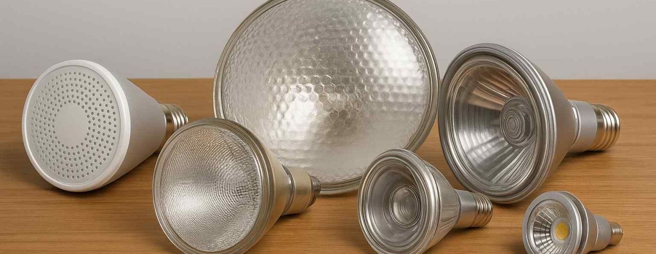 Zes PAR lampen in diverse modellen liggen op een houten tafel. De lampen zijn zilverkleurig en verschillen in grootte en ontwerp. Design lampen.