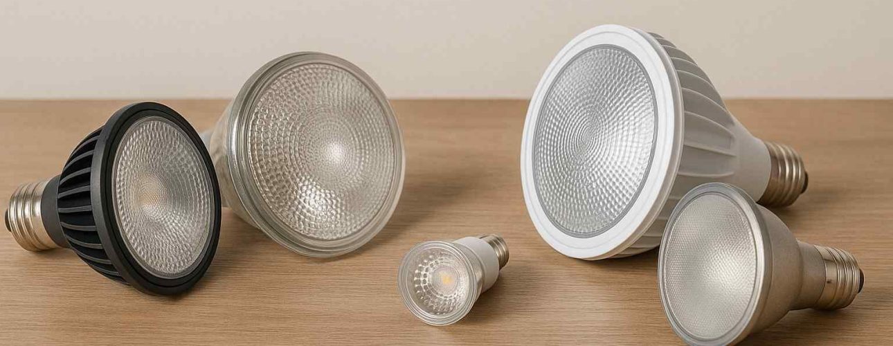 Vijf PAR-lampen in verschillende soorten en maten op een houten tafelblad. De lampen hebben zilveren reflectoren en een grijze of witte behuizing.