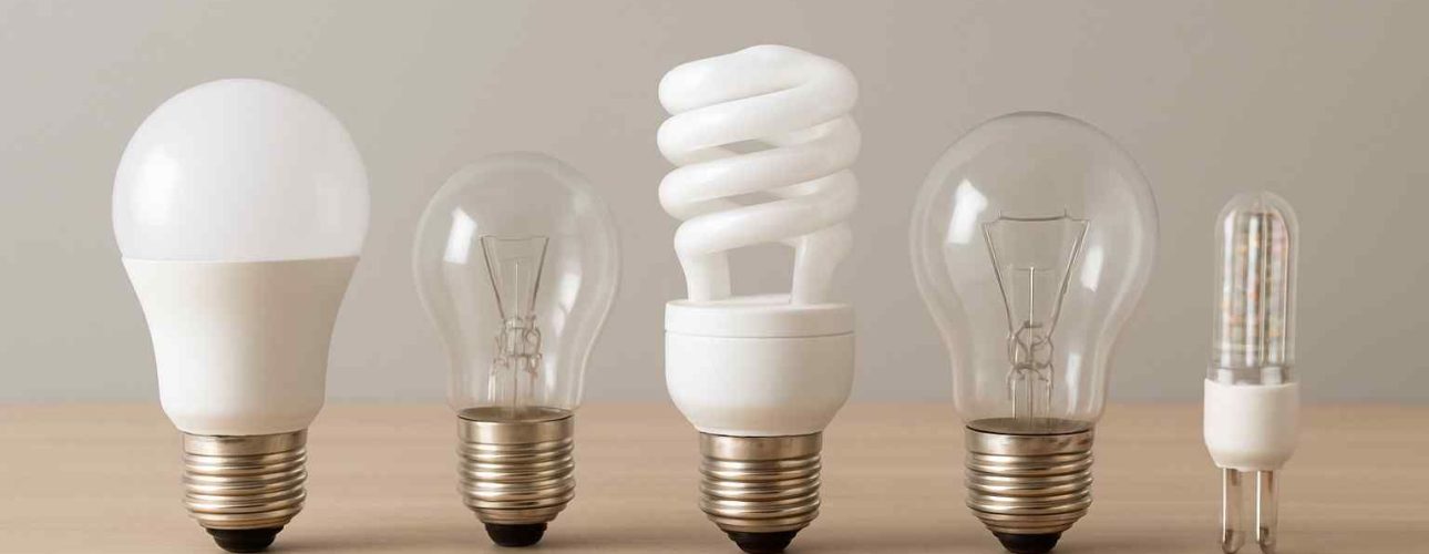 Vijf verschillende soorten lampen naast elkaar op een houten tafel. Van links naar rechts: LED, gloeilamp, spaarlamp, gloeilamp, LED-strip. Neutrale achtergrond.