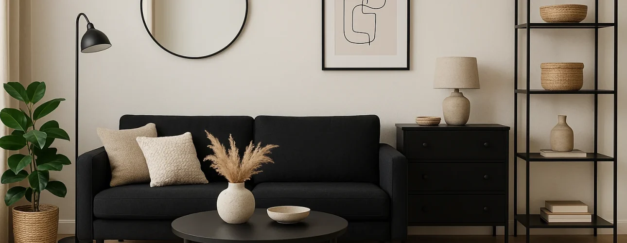 Minimalistische woonkamer met een zwarte bank, beige kussens, ronde zwarte salontafel en subtiele accenten die laten zien welke accessoires bij zwarte meubels passen, zoals gevlochten manden, abstracte muurkunst, een potplant en neutrale inrichting op een licht vloerkleed op een houten vloer.