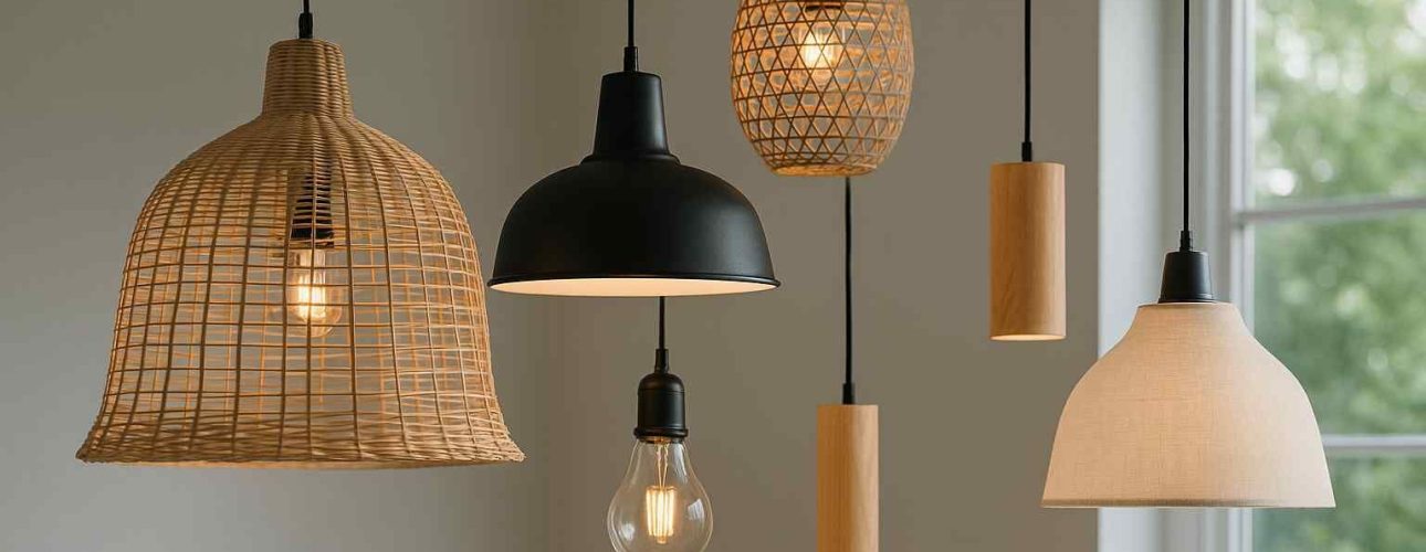 Diverse hanglampen in een interieur. Rotan, hout en zwart metaal. Warm licht, sfeervolle design lampen voor de woonkamer.