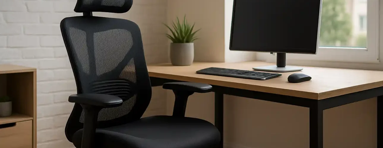 Een modern thuiskantoor met een zwarte bureaustoel die goed is voor je vloerkleed, een computermonitor, toetsenbord en muis op een houten bureau, plus een plant in potten en een raam dat natuurlijk licht binnenlaat.