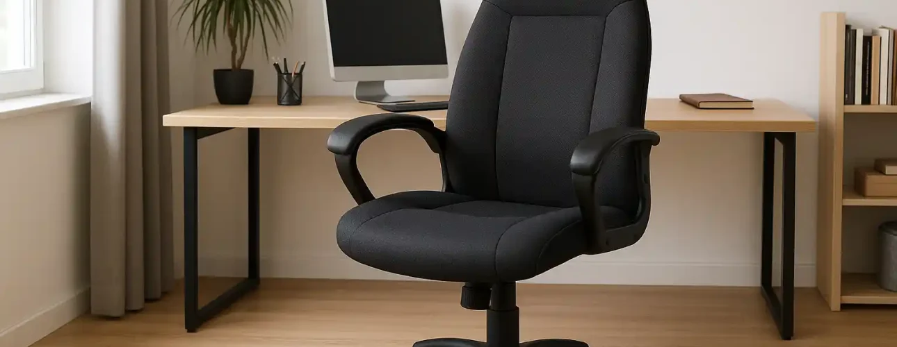 Een zwarte ergonomische bureaustoel is goed voor je vloerkleed, met armleuningen, zit voor een houten bureau met een computer, boeken en een potplant in een licht, modern thuiskantoor met houten vloer.