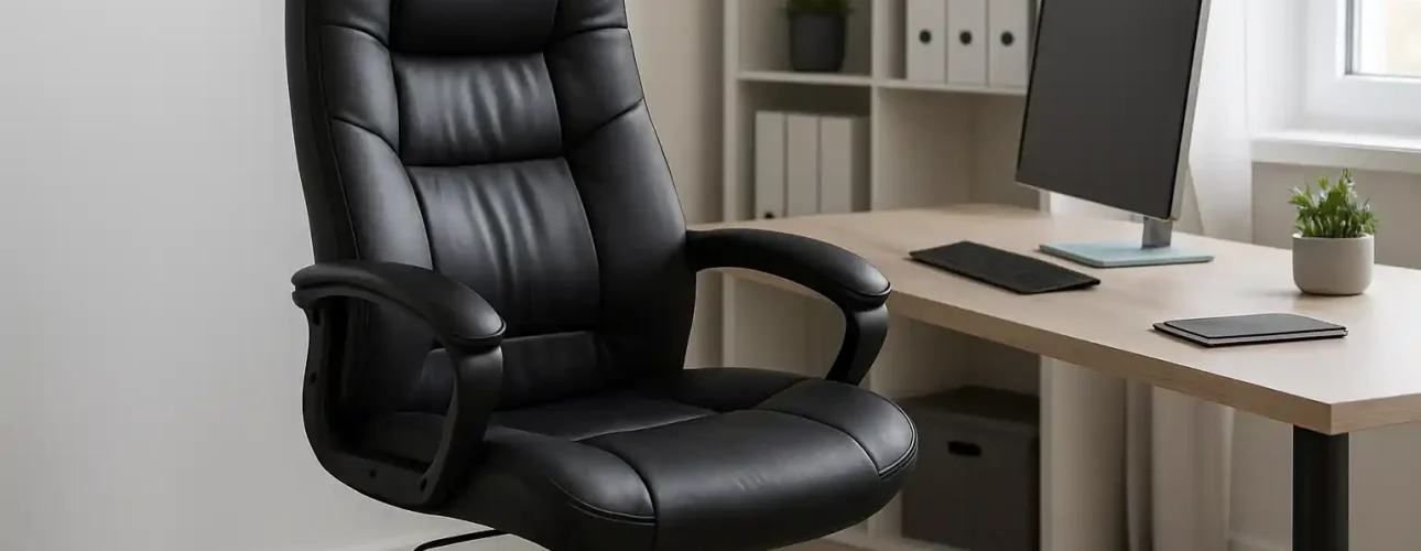 Een moderne kantooropstelling met een zwartleren bureaustoel, beste getest door de consumentenbond, voor een houten bureau met een computermonitor, toetsenbord, muis, smartphone en potplant. Planken met ordners en planten staan op de achtergrond.