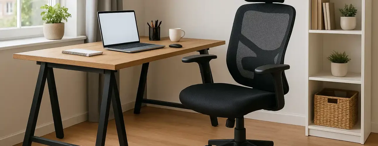 Een modern thuiskantoor met een houten bureau, een zwarte bureaustoel voor thuiswerken, een laptop, notitieblok, kopje en muis. Een raam met lichte gordijnen en een witte plank met manden en decor staan op de achtergrond.