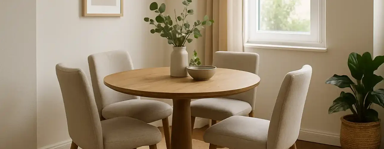 Een ronde houten eettafel-ideaal als je afvraagt "welke eettafel in kleine ruimte"-met vier beige stoelen, een vaas met groen en een schaal. De kamer heeft een raam, kunst aan de muur, neutrale tinten en een plant op een geweven vloerkleed.