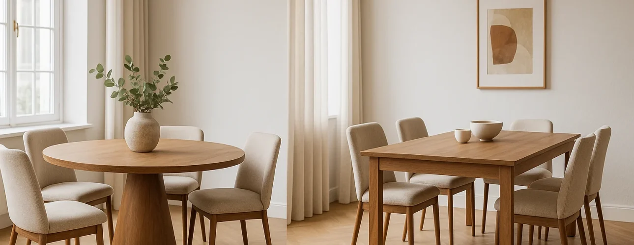 Twee eethoeken in een lichte kamer: de ene heeft een ronde houten tafel met zes beige stoelen en een vaas met groen; de andere, een rechthoekige houten tafel met zes beige stoelen, twee witte schalen en abstracte muurkunst-welke eettafel is het mooist?.