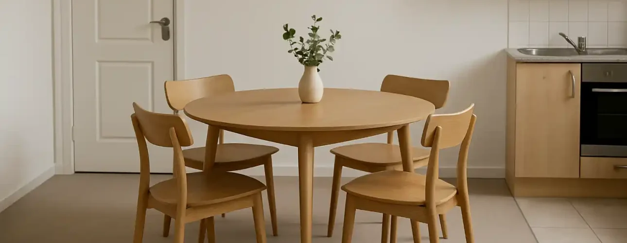 Een minimalistische eethoek met een ronde houten tafel - perfect voor wie Welke eettafel neemt denkt - vier bijpassende stoelen en een witte vaas met groen gebladerte. Op de achtergrond zijn lichthouten keukenkastjes en een roestvrijstalen gootsteen zichtbaar.
