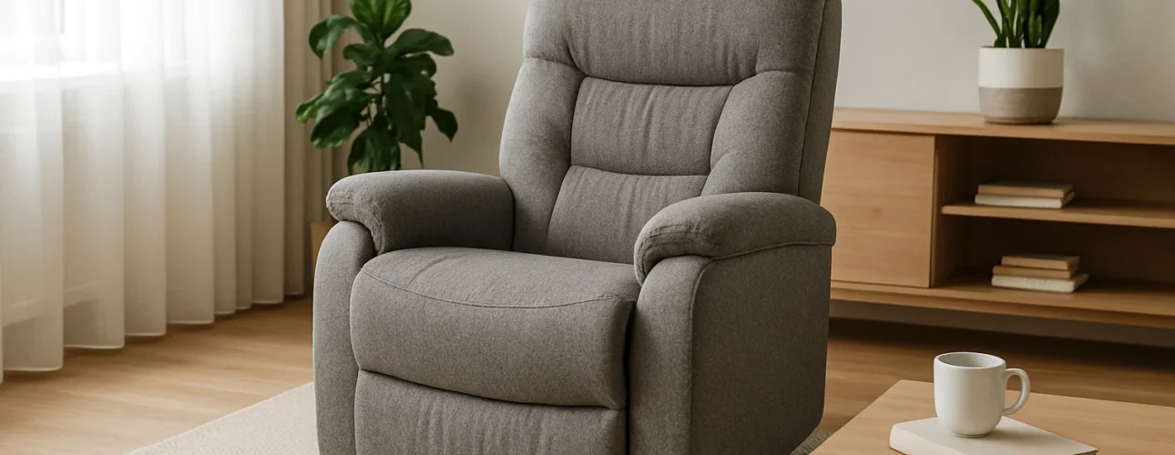 Een gezellige grijze fauteuil staat op een beige vloerkleed in een moderne woonkamer met houten meubels, planten in potten en een salontafel-wat is het verschil tussen een salontafel en een bijzettafel-met een witte mok en een boek. Zacht natuurlijk licht valt binnen door de transparante gordijnen.