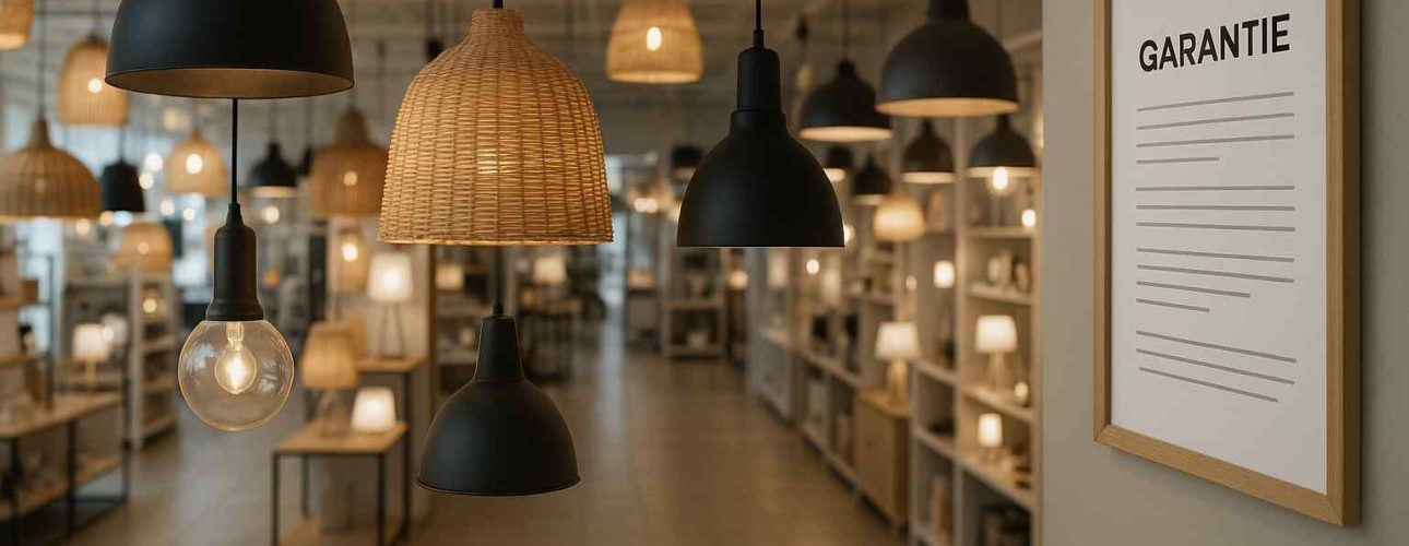 Overzicht van hanglampen in een winkel, met zwarte en rieten lampenkappen. Een lijst met Garantie hangt aan de muur. Warm licht.