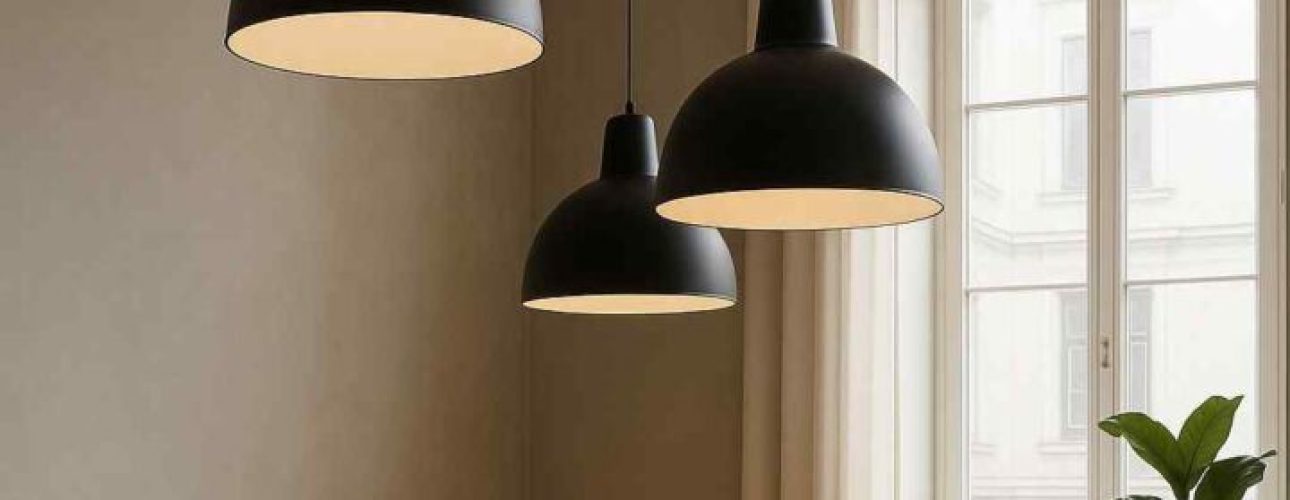 Woonkamer met beige zitbank en houten tafel. Drie zwarte hanglampen boven de tafel. Hoge ramen met witte gordijnen zorgen voor natuurlijk licht.