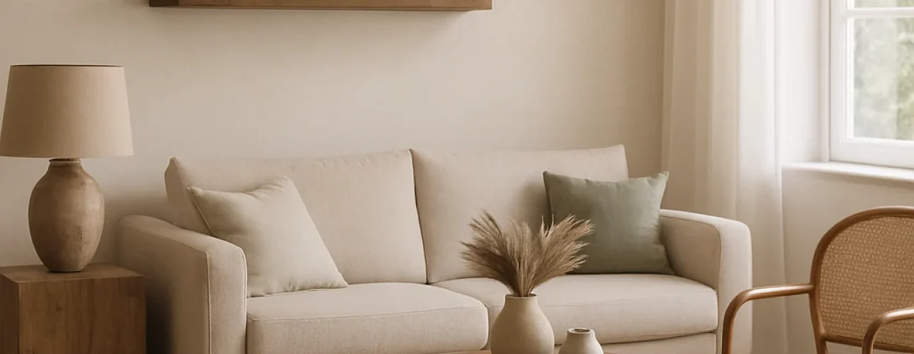 Minimalistische woonkamer met een beige bank, ronde houten salontafel, stoel met zwart frame, potplant en grote gewelfde spiegel - tijdloze elegantie zoals welke interieurtrends verdwijnen ten gunste van neutrale tinten en natuurlijke materialen.