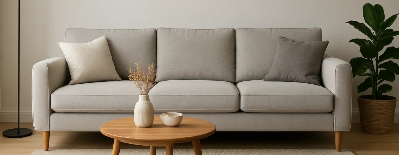 Een moderne woonkamer met een lichtgrijze bank-een perfect voorbeeld als je afvraagt: welke kleur bank is tijdloos? Twee kussens, een ronde houten koffietafel met vaas en schaal, vloerlamp, plant en beige kleed op houten vloer.