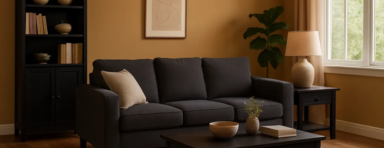 Een gezellige woonkamer met een donkergrijze banka-welke kleur goed combineert met beige kussens, een zwarte salontafel, boekenplank met decor, bijzettafel en lamp, kamerplant, ingelijste kunst en een groot raam met beige gordijnen boven een licht vloerkleed op een houten vloer.