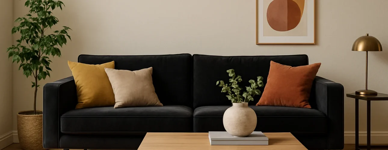 Een moderne woonkamer met een zwarte sofa -welke kleur goed combineert- met mosterd- en roestkleurige kussens, een houten salontafel met een vaas, een plant in pot, een gouden lamp op een bijzettafel en abstracte muurkunst boven de sofa.