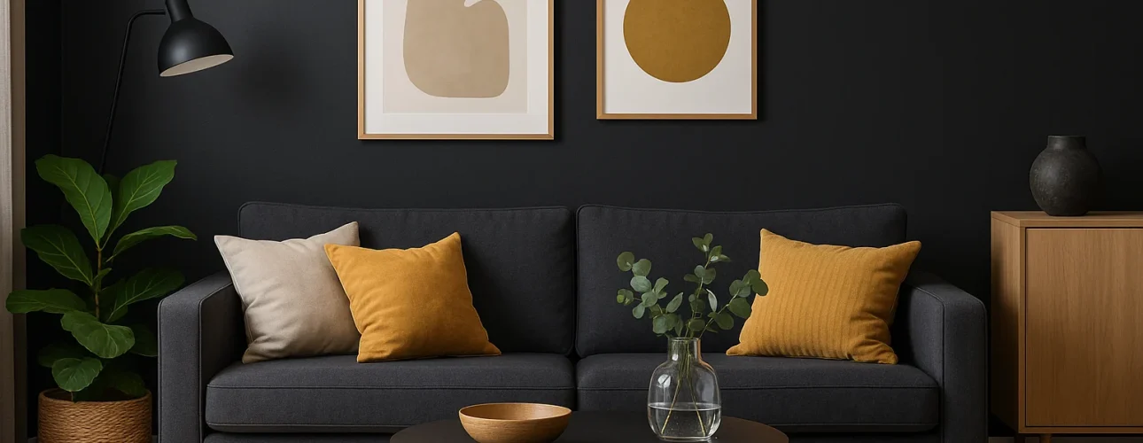 Een moderne woonkamer met een donkere bank, gele en beige kussens, een ronde zwarte salontafel, muurkunst, een potplant en een houten kast tegen een zwarte accentmuur-een perfect voorbeeld van welke kleur goed combineert met zwart.