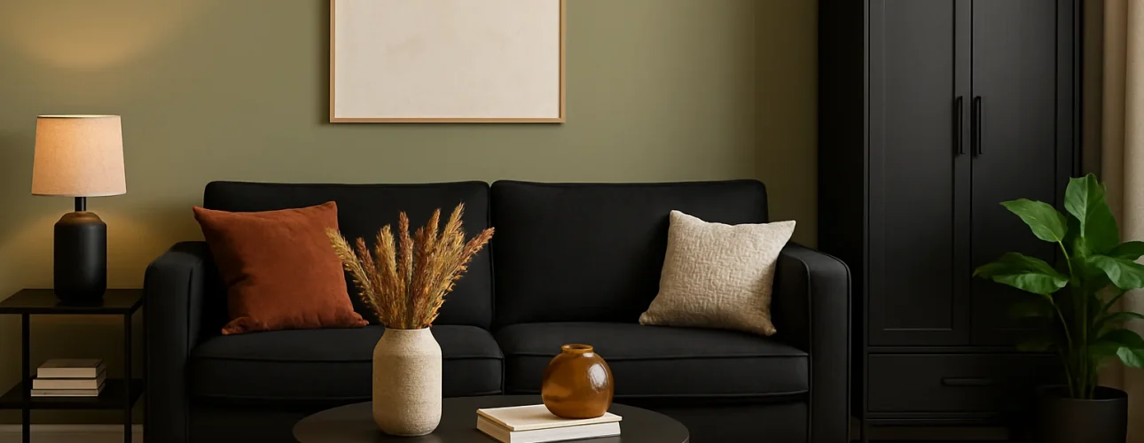 Een gezellige woonkamer met een zwarte bank, roestbruine en beige kussens, een zwart bijzettafeltje met een lamp, een ronde salontafel met een vaas en boeken, en groene muren-perfecte inspiratie als je je afvraagt: welke kleur combineert goed met zwart en groen?.