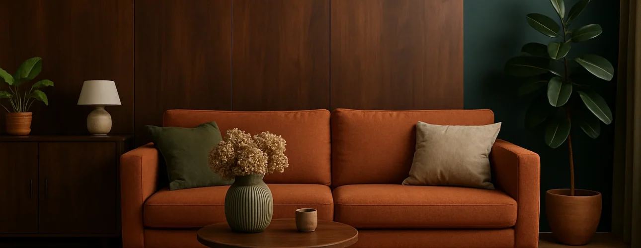 Een gezellige woonkamer met een oranje bank, groene en beige kussens, een houten salontafel met een vaas gedroogde bloemen - perfect voor wie zich afvraagt welke kleur mooi combineert met donker hout en groene accentmuren.