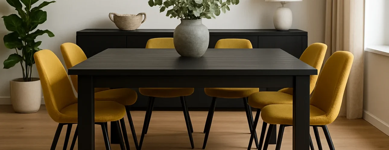 Een moderne eetkamer met een zwarte tafel omringd door zes gele stoelen - als antwoord op de vraag "welke kleur eetkamerstoelen" - een grijze vaas met groen gebladerte als middenstuk en een zwart dressoir met decor tegen een witte muur en een groot raam.
