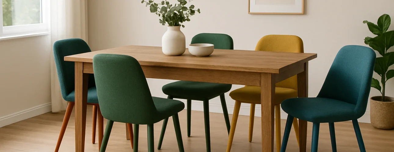 Een minimalistische eetkamer met een houten tafel, vijf kleurrijke stoelen (groen, blauw en geel) voor wie zich afvraagt "welke kleur eettafelstoel" hij moet kiezen, een vaas met groen gebladerte, schalen, een potplant, een houten vloer en abstracte muurkunst.