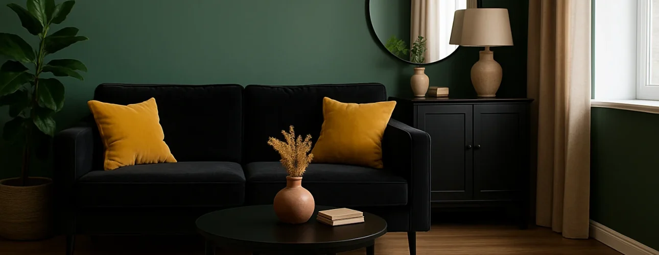 Een stijlvolle woonkamer met een donkere sofa - welke kleur is mooi bij zwarte meubels? Felgele kussens, een ronde zwarte salontafel met een vaas en boeken, een plant in pot, beige gordijnen en een ronde spiegel boven het dressoir met een lamp.