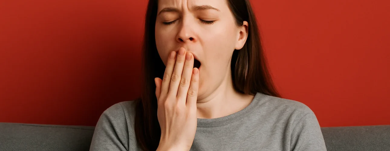 Een vrouw met lang bruin haar, in een grijs topje, zit op een grijze bank voor een rode muur en trekt haar mond toe, alsof ze zich afvraagt: welke kleur maakt je moe?.