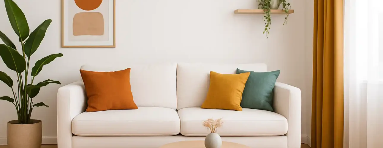 Een moderne woonkamer met een witte bank - welke kleur matcht met wit - bedekt met oranje, gele en groene kussens, een ronde houten salontafel, planten in potten, abstracte muurkunst en mosterdgele gordijnen naast een helder raam.