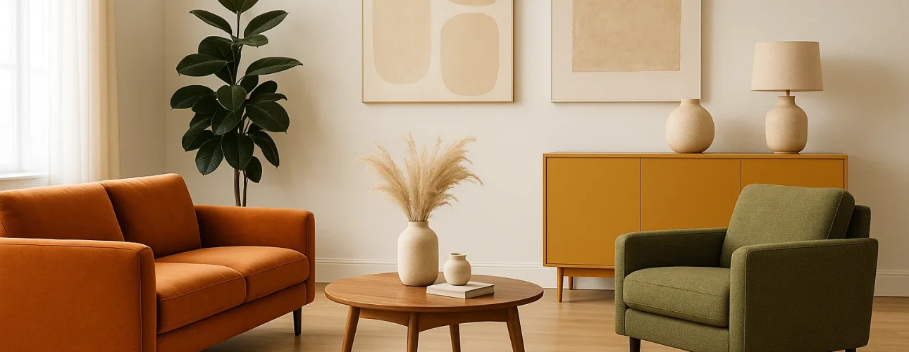 Een moderne woonkamer met een oranje bank, een groene fauteuil, een ronde houten salontafel met een vaas, een mosterdkleurig dressoir - met welke kleur meubels 2025 trends - minimalistische kunst aan de muur, een plant in potten en zacht natuurlijk licht uit een raam.
