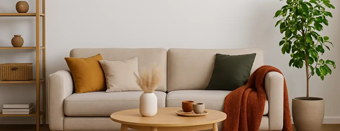 Een gezellige woonkamer met een beige bank versierd met verschillende kussens en een roestkleurige deken - perfect voor wie zich afvraagt welke kleur meubels bij neutrale muren past. Een ronde houten salontafel, een plant in potten en stijlvolle planken maken de look compleet.