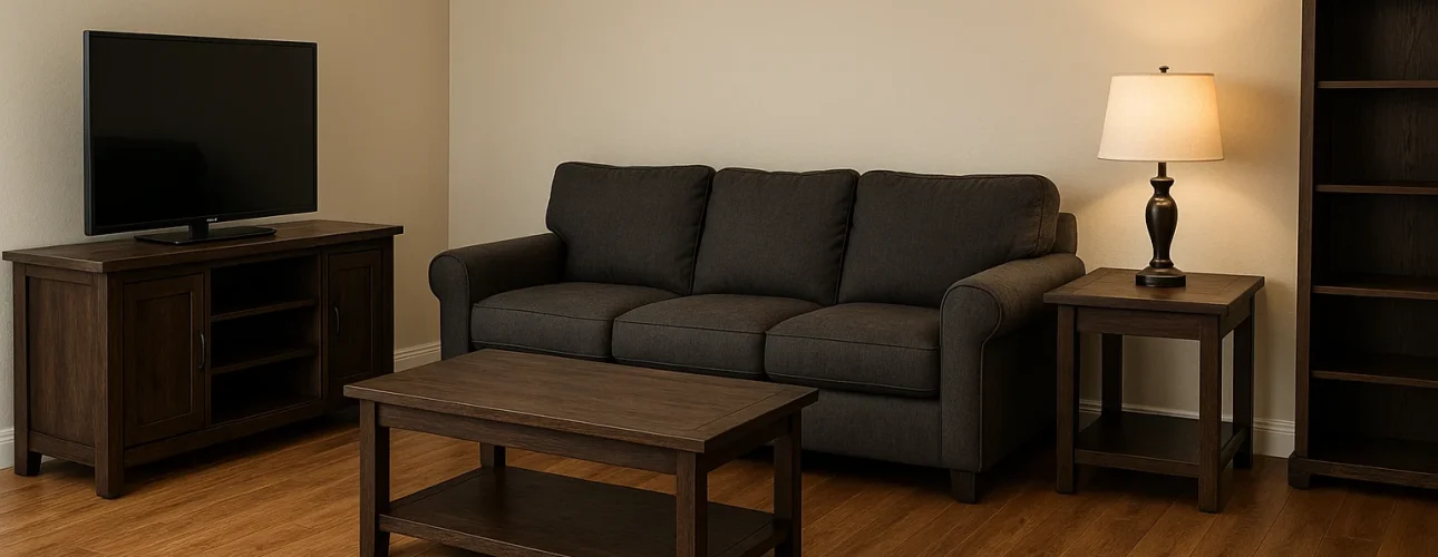 Een woonkamer met een donkergrijze bank, een houten salontafel, een tv op een houten standaard, een bijzettafel met lamp, een hoge boekenplank en een lichthouten vloer tegen beige muren - een inspiratie als je afvraagt: welke kleuren muren passen bij grijs en hout?.