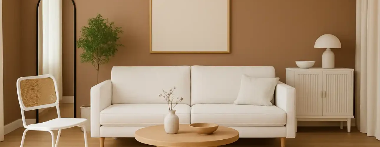 Een moderne, minimalistische woonkamer met een witte bank, ronde houten salontafel, neutrale inrichting, groene plant, witte stoel en een kast. Welke kleur muur past goed bij dit interieur? Natuurlijk licht vult de ruimte en benadrukt het grote lege frame op de bruine muur.