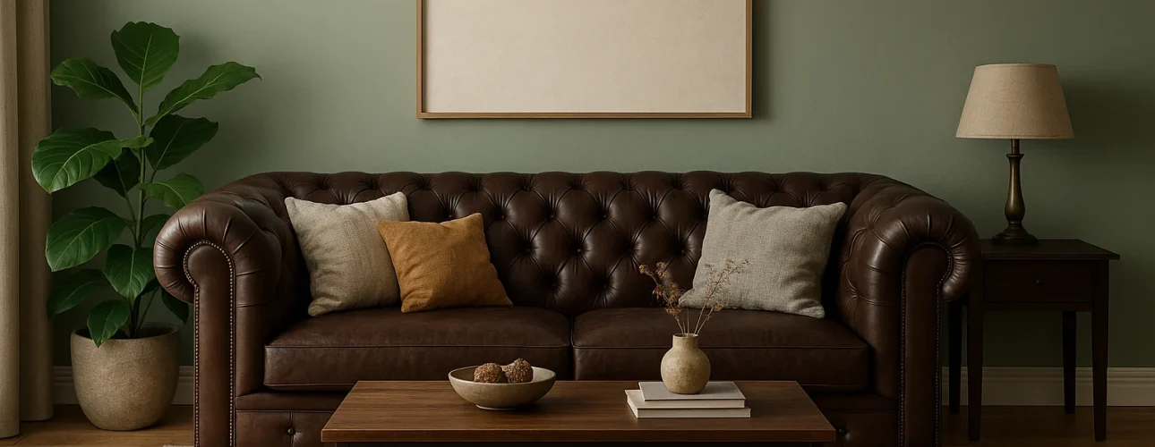 Een gezellige woonkamer met een donkerbruine leren getufte bank, neutrale kussens en een houten salontafel biedt inspiratie voor wie zich afvraagt "Welke kleur past bij donkerbruine meubels?". Een groene muur boven de bank maakt de uitnodigende look compleet.