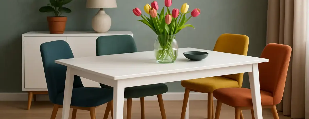 Een moderne eetkamer met een witte tafel -welke kleur past bij een witte tafel- heeft kleurrijke stoelen en een glazen vaas met tulpen. Een dressoir met een lamp en een potplant staat tegen een groene muur, zonlicht filtert door beige gordijnen.