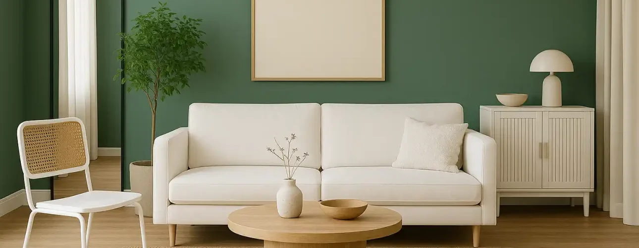 Een moderne woonkamer met een witte bank, ronde houten salontafel, groene muur (welke kleur past bij witte meubels), grote lege ingelijste kunst, potplant, gewelfde spiegel en een wit dressoir met decor op een beige vloerkleed.