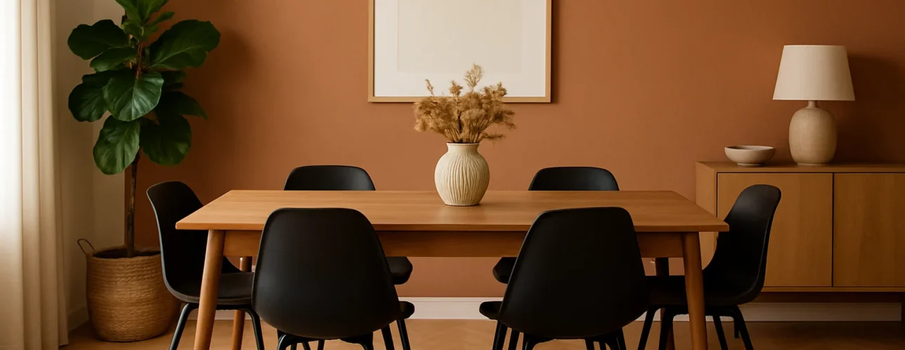 Een moderne eetkamer met een houten tafel, zes zwarte stoelen (welke kleur past bij zwarte stoelen), een vaas met droogbloemen, een potplant, een dressoir met een lamp en grote ingelijste kunstwerken op een warme terracotta muur.