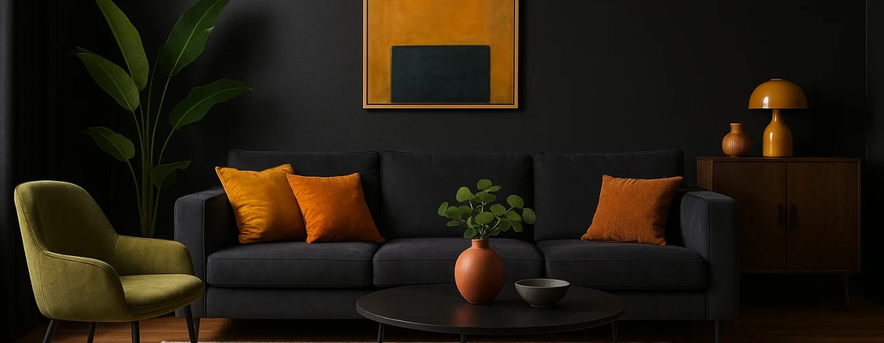 Een moderne woonkamer met een zwarte bank, oranje en bruine kussens, een groene fauteuil en een beige vloerkleed laat zien welke kleur past goed bij een zwart interieur. Een potplant, abstracte muurkunst en warme verlichting complementeren de donkere muren.
