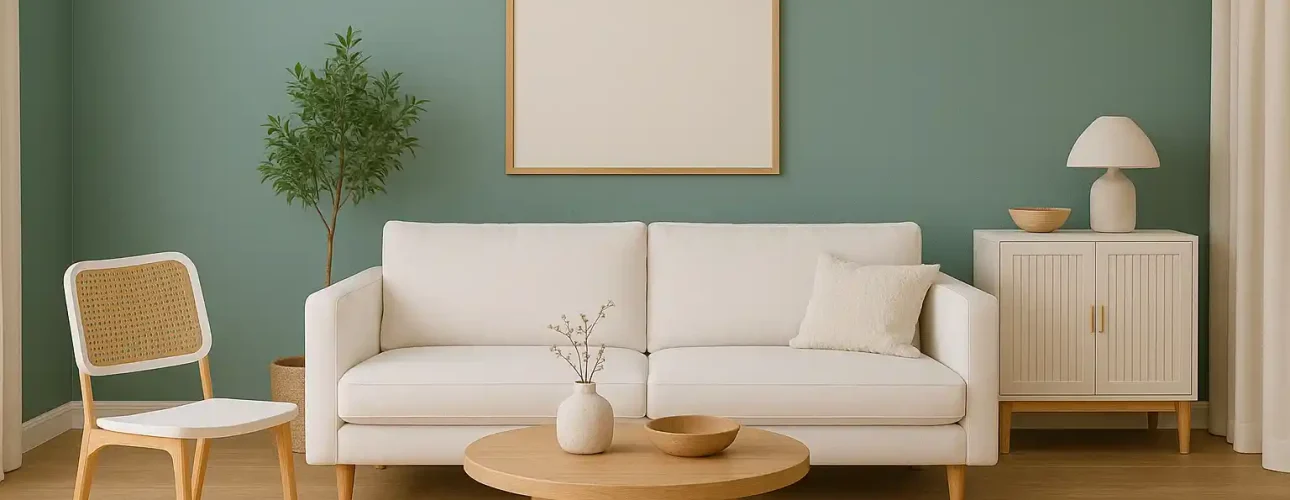 Een minimalistische woonkamer met een witte bank, houten salontafel, rotan stoel en groene muur - perfect om inspiratie op te doen als je je afvraagt welke kleur goed past in een modern interieur met natuurlijke texturen en een neutrale inrichting.