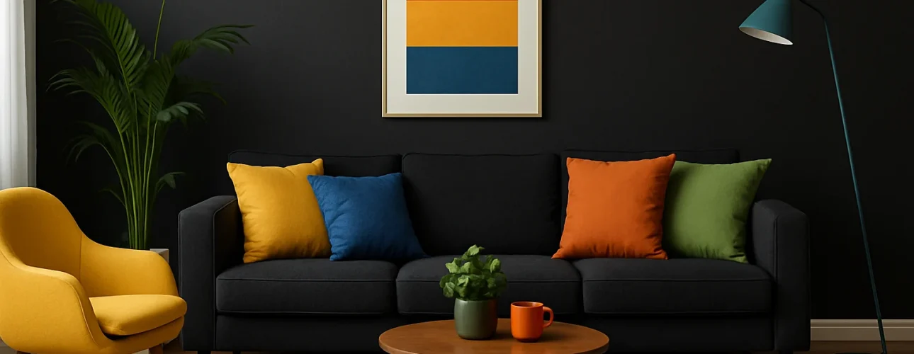 Een moderne woonkamer met een donkere bank - welke kleur past het beste bij zwart? Kleurrijke kussens, een ronde houten salontafel en een gele fauteuil zorgen voor een levendig contrast, terwijl abstracte kunst de donkere muur opfleurt.