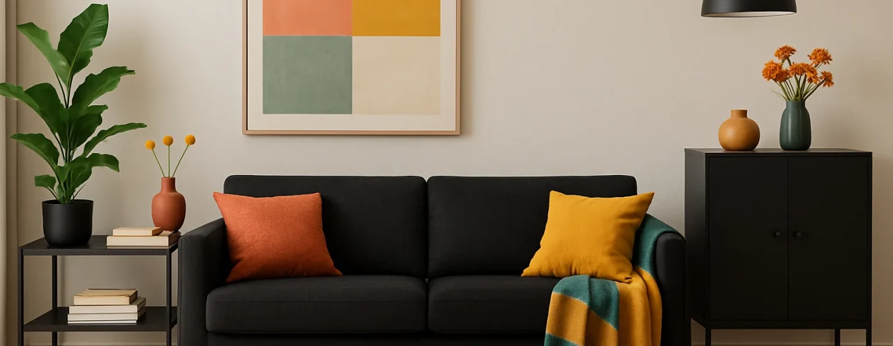 Een moderne woonkamer met een zwarte bank benadrukt welke kleur mooi staat bij zwarte meubels, met oranje en gele kussens, een groen en geel gestreept kleed, een bijzettafel met boeken en planten, oranje bloemen op de kast en abstracte muurkunst.