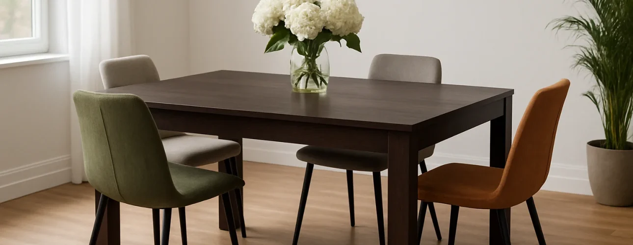 Een donkerhouten eettafel met vier stoelen die niet bij elkaar passen - perfect als je je afvraagt "Welke kleur stoelen bij een donkerbruine tafel?"- plus een glazen vaas met witte bloemen in een lichte kamer met houten vloeren en een potplant in de hoek.