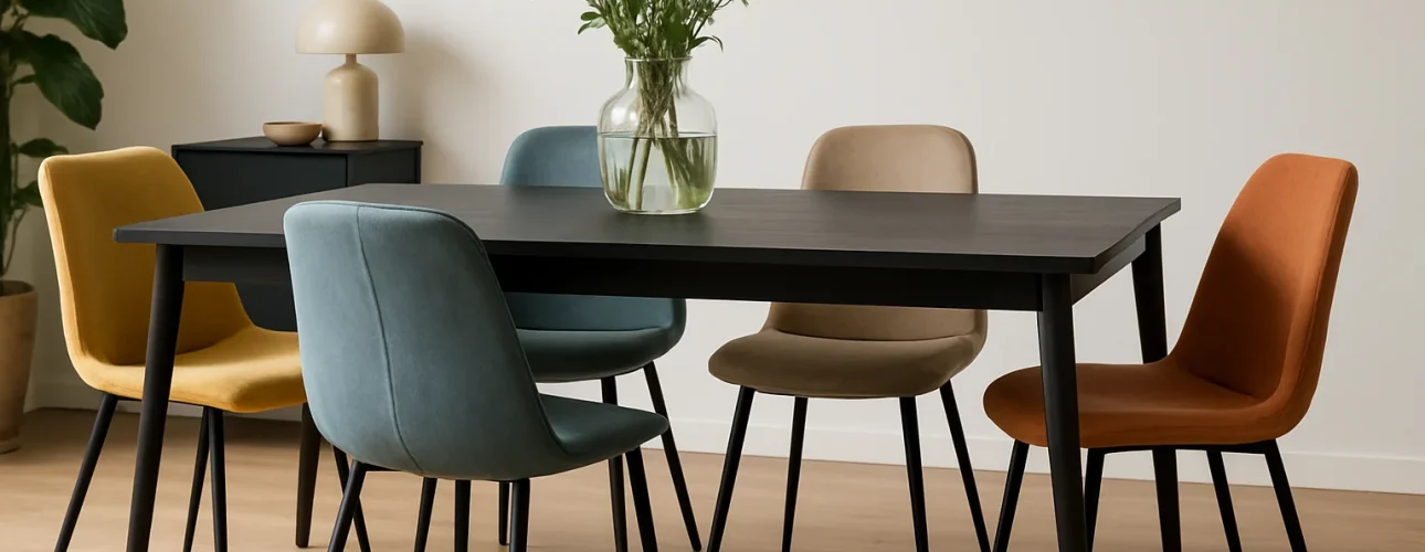 Een moderne eetkamer met een zwarte tafel - perfect als je je afvraagt "Welke kleur stoelen bij een zwarte eettafel?"- heeft zes kleurrijke stoelen, een glazen vaas met groene planten en witte bloemen, plus een lamp en kast op lichthouten vloeren.