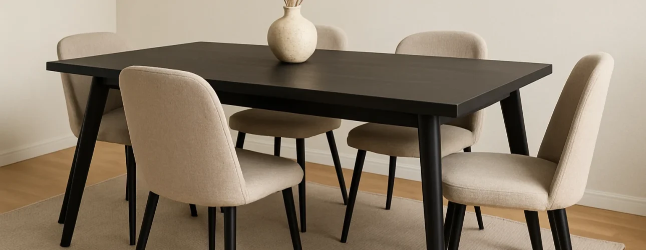 Een moderne eetkamer toont een zwarte rechthoekige tafel met vier beige gestoffeerde stoelen - een ideaal antwoord op de vraag "Welke kleur stoelen bij een zwarte tafel?". Een witte vaas met gedroogd pampagras en een ronde spiegel maken de serene, stijlvolle ruimte compleet.