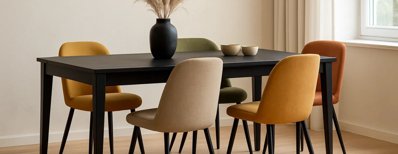 Een moderne eetkamer met een zwarte tafel is perfect gestyled als antwoord op de vraag "welke kleur stoelen bij zwarte eettafel"-vier kleurrijke stoelen (geel, beige, groen, oranje) omringen de tafel, aangevuld met een zwarte vaas met pampagras en zonovergoten witte gordijnen.